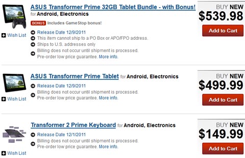 ASUS Eee Pad Transformer Prime Pricing