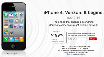 iPhone 4 on Verizon Wireless Available for Pre-Order Tomorrow