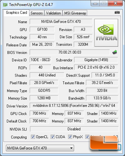 GIGABYTE GeForce GTX 470 Super Overclock Edition GPUZ