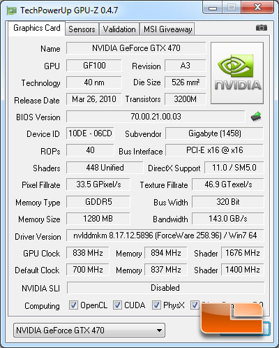 GIGABYTE GeForce GTX 470 Super Overclock Edition GPUZ