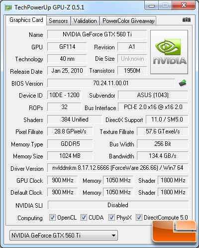 ASUS GeForce GTX 560 Ti Video Card GPU-Z 0.5.0 Details