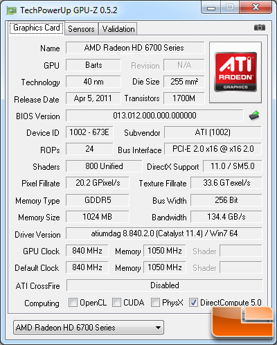 AMD Radeon HD 6790 Video Card GPU-Z 0.5.2 Details