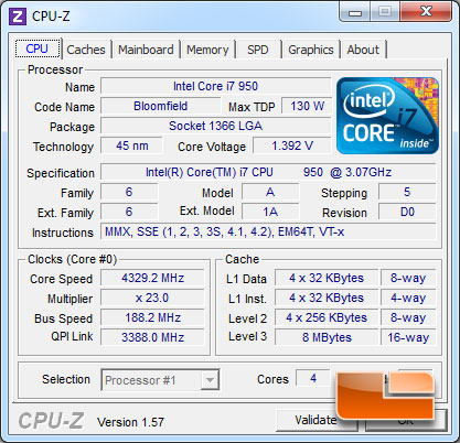 Intel DX58S02 X58 Motherboard Overclocked Intel Core i7 950 CPUz