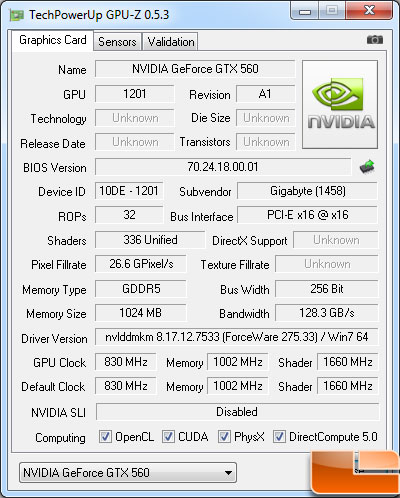 Gigabyte GeForce GXT 560 OC Video Card GPUZ