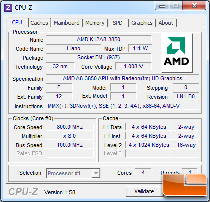AMD A8-3850 APU Stock Clock Settings