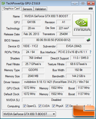 EVGA GeForce GTX 650 Ti Boost SC GPUZ