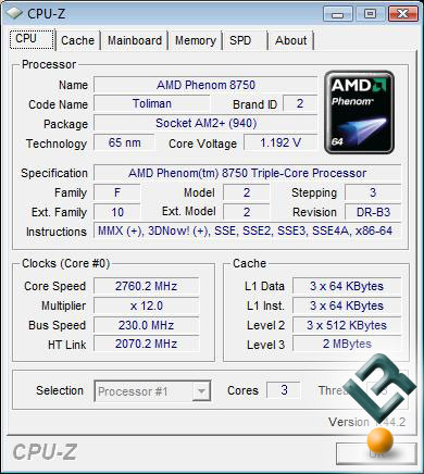 AMD Phenom X3 8750 Processor Stock Settings