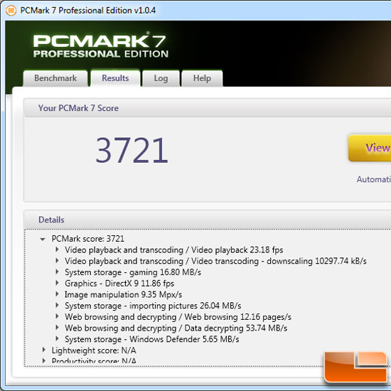 Intel Pentium G620 PCMark 7 Benchmark Results