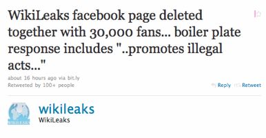 WikiLeaks Claims Facebook Deleted Their Fan Page Because They “Promote Illegal Acts”